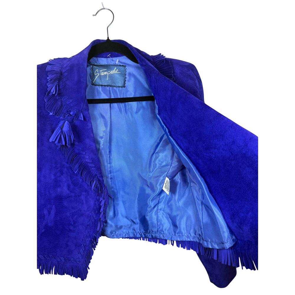 Rare Vintage Stampede Royal Blue Fringe Leather Jacket Women’s Small Western - Picture 6 of 8